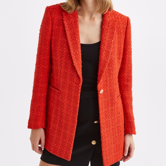 NWT H&M Textured-Weave Tweed Jacket Blazer Orange Red XS - Picture 2 of 16